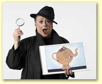 Pic of Imma Sleuth, a 2012 Texas library association reading promotion entertainer with a trenchcoat and magnifying glass.